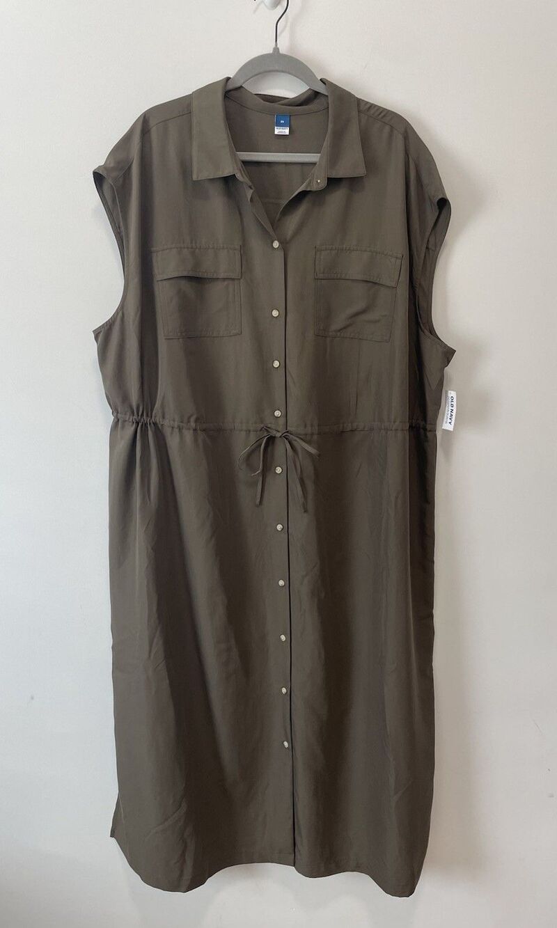 Old Navy Short Sleeve Double Pocket Green Waist Defined Dress-2XL NWT Midi